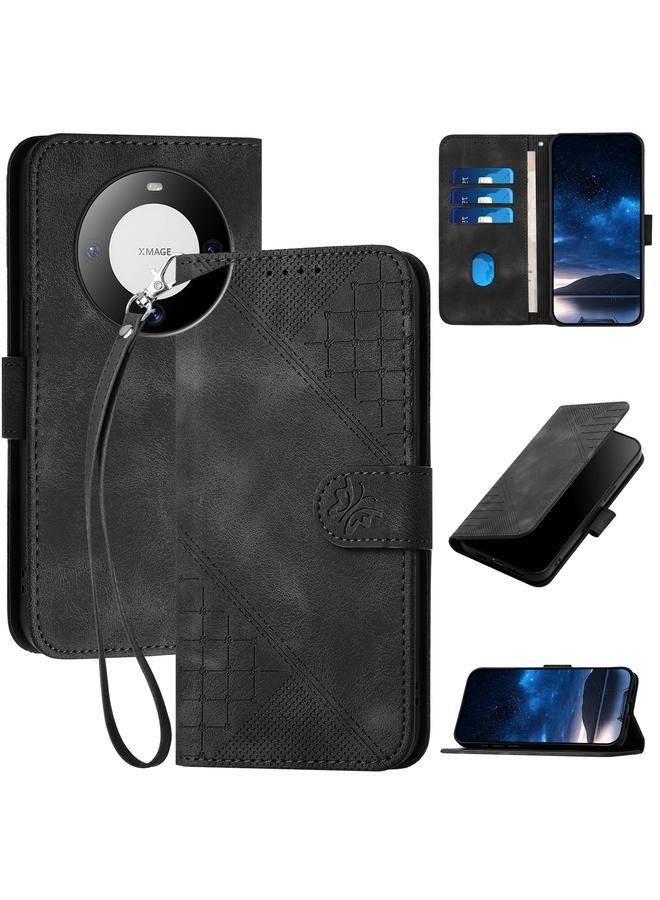 S-TOP Case For Huawei Mate 60 Pro Grid Butterfly Embossed Pattern Leather Phone Case with Lanyard - Image 1