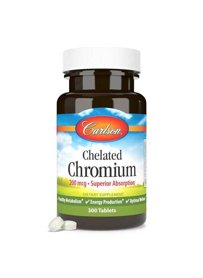 كارلسون Carlson Chelated Chromium 200 mcg امتصاص فائق - التمثيل الغذائي الصحي وإنتاج الطاقة والعافية المثالية - 300 قرص