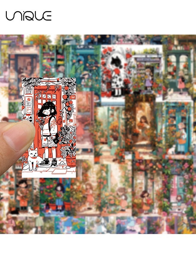 يونيك 50 قطع فتاة صغيرة وقطة في ملصقات سلسلة بائع الزهور ، ملصقات الفينيل للماء لزجاجات المياه الهاتف المحمول الكمبيوتر الغيتار ، هدايا للشباب والفتيات والمشجعين - Image 4
