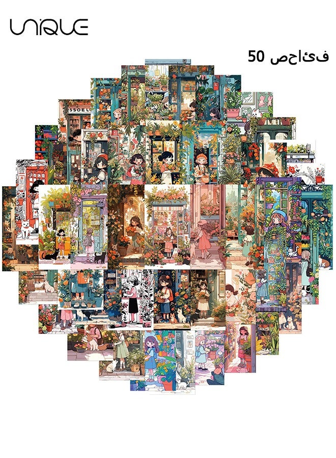 يونيك 50 قطع فتاة صغيرة وقطة في ملصقات سلسلة بائع الزهور ، ملصقات الفينيل للماء لزجاجات المياه الهاتف المحمول الكمبيوتر الغيتار ، هدايا للشباب والفتيات والمشجعين - Image 1