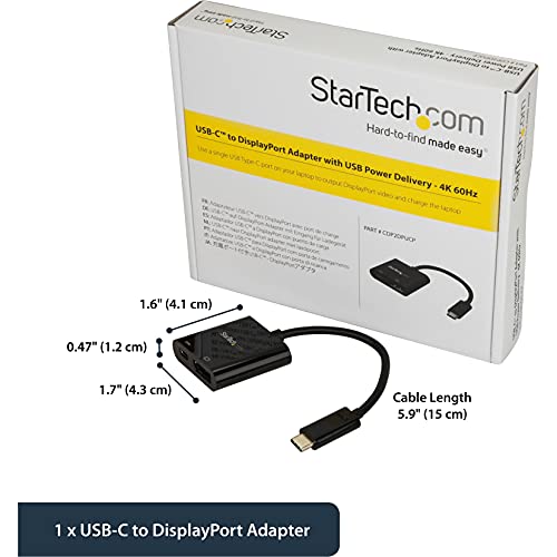 StarTech.com USB C to DisplayPort Adapter with Power Delivery - 4K 60Hz HBR2 - USB Type-C to DP 1.2 Monitor Video Converter w/ Charging - 60W PD Pass-Through - Thunderbolt 3 Compatible (CDP2DPUCP) - Image 4