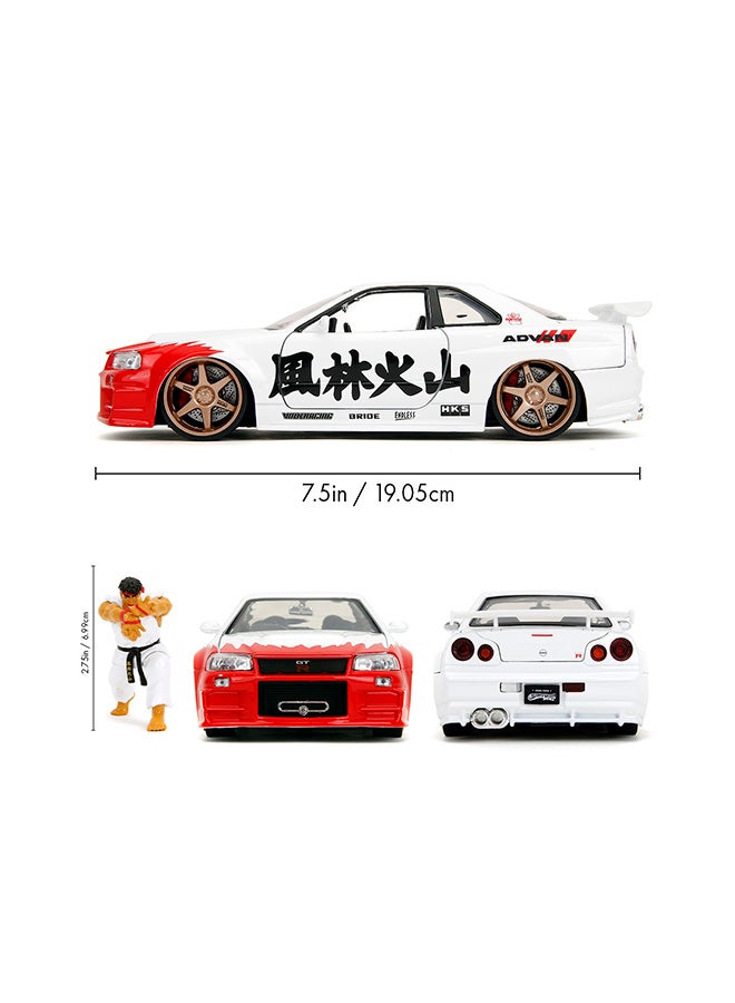 Jada Street Fighter Ryu 2002 Nissan Skyline GT-R 1:24 Scale Die-Cast Model Car with 6 cm Metal Figure, Officially Licensed Capcom Collectible, Freewheel, Opening Hood & Trunk, - Image 1