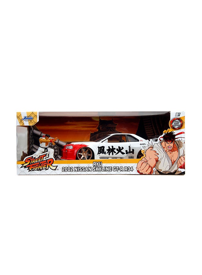 Jada Street Fighter Ryu 2002 Nissan Skyline GT-R 1:24 Scale Die-Cast Model Car with 6 cm Metal Figure, Officially Licensed Capcom Collectible, Freewheel, Opening Hood & Trunk, - Image 3