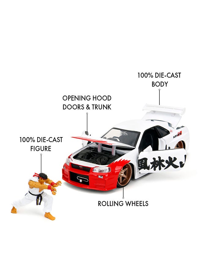 Jada Street Fighter Ryu 2002 Nissan Skyline GT-R 1:24 Scale Die-Cast Model Car with 6 cm Metal Figure, Officially Licensed Capcom Collectible, Freewheel, Opening Hood & Trunk, - Image 2