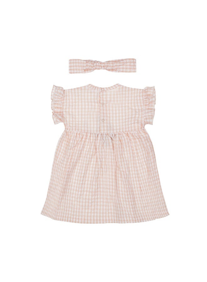 Dirkje Girls Dress Short Sleeve Coral Pink Off White Checkered - Image 2