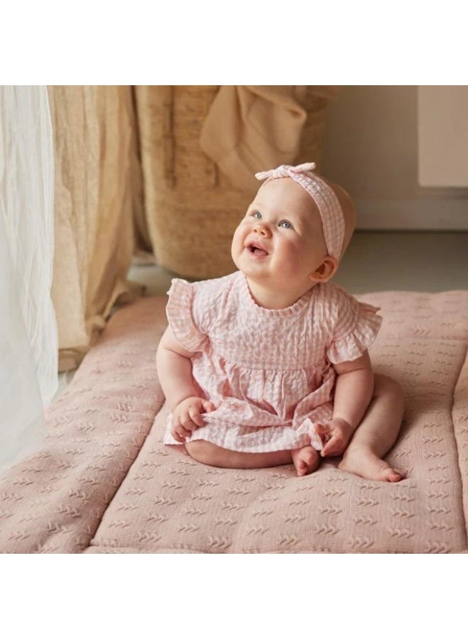 Dirkje Girls Dress Short Sleeve Coral Pink Off White Checkered - Image 4