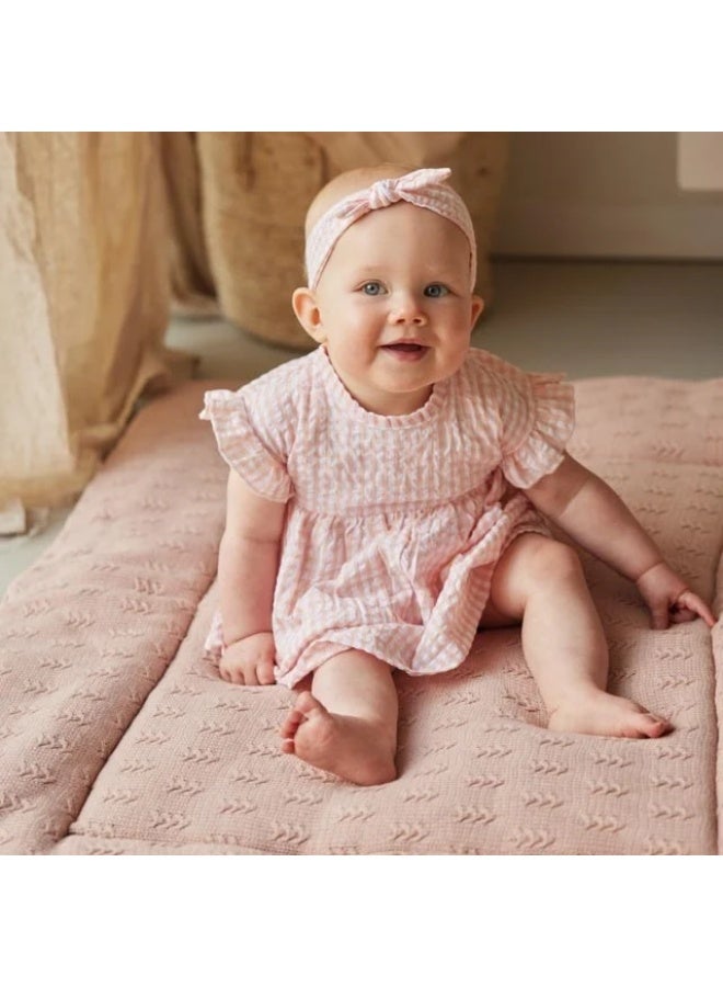 Dirkje Girls Dress Short Sleeve Coral Pink Off White Checkered - Image 3