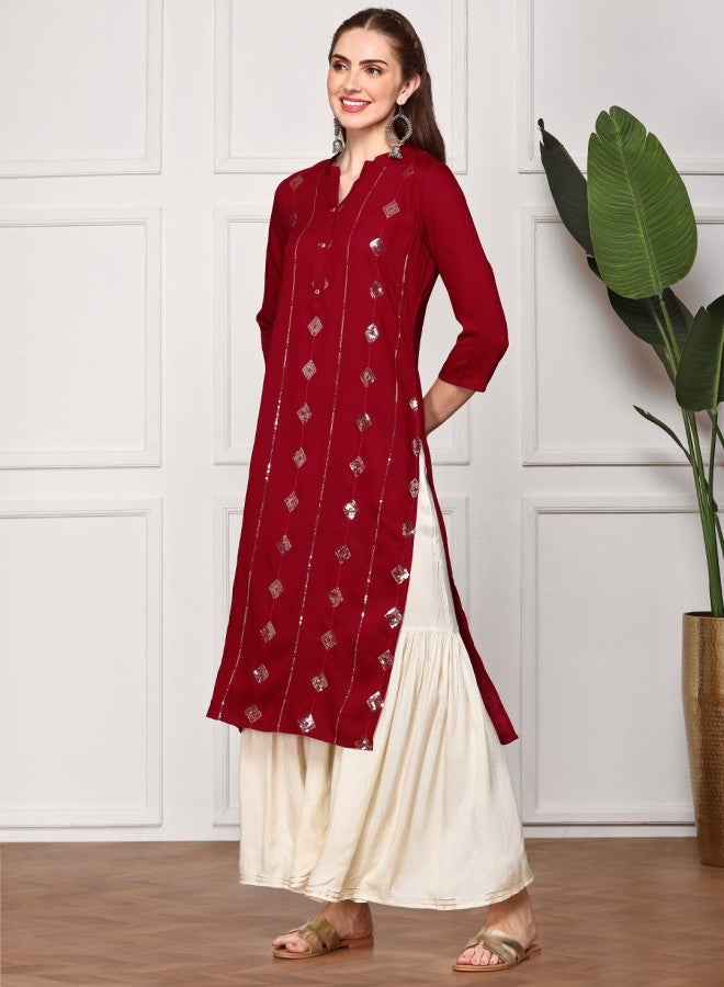 ISHIN Women's Maroon 100% Cotton Self Design A-Line Kurta - Image 3