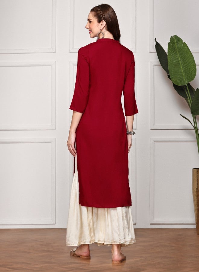 ISHIN Women's Maroon 100% Cotton Self Design A-Line Kurta - Image 5