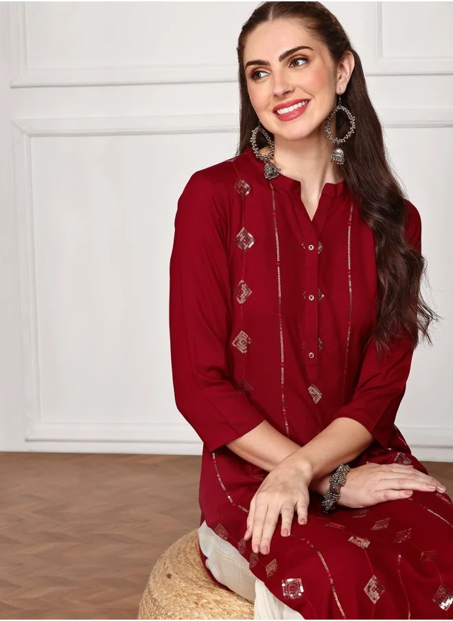 آي شين Mandarin Collar Ethnic Motifs Embroidered Sequins Straight Kurta