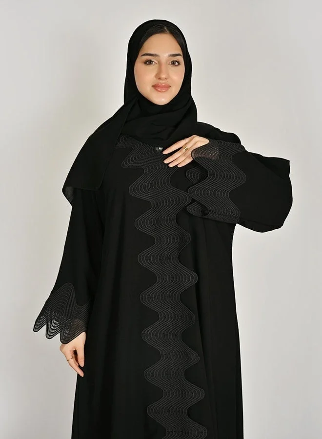 Hawraa Abaya Black Closed Abaya with Snap Button Closure and Wavy Trim Detailing