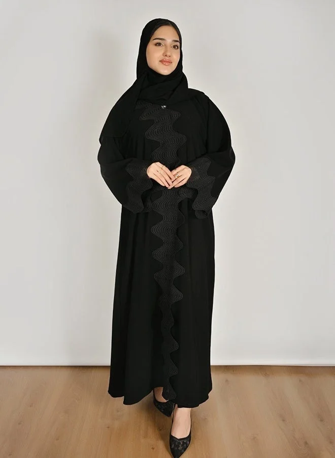 Hawraa Abaya Black Closed Abaya with Snap Button Closure and Wavy Trim Detailing