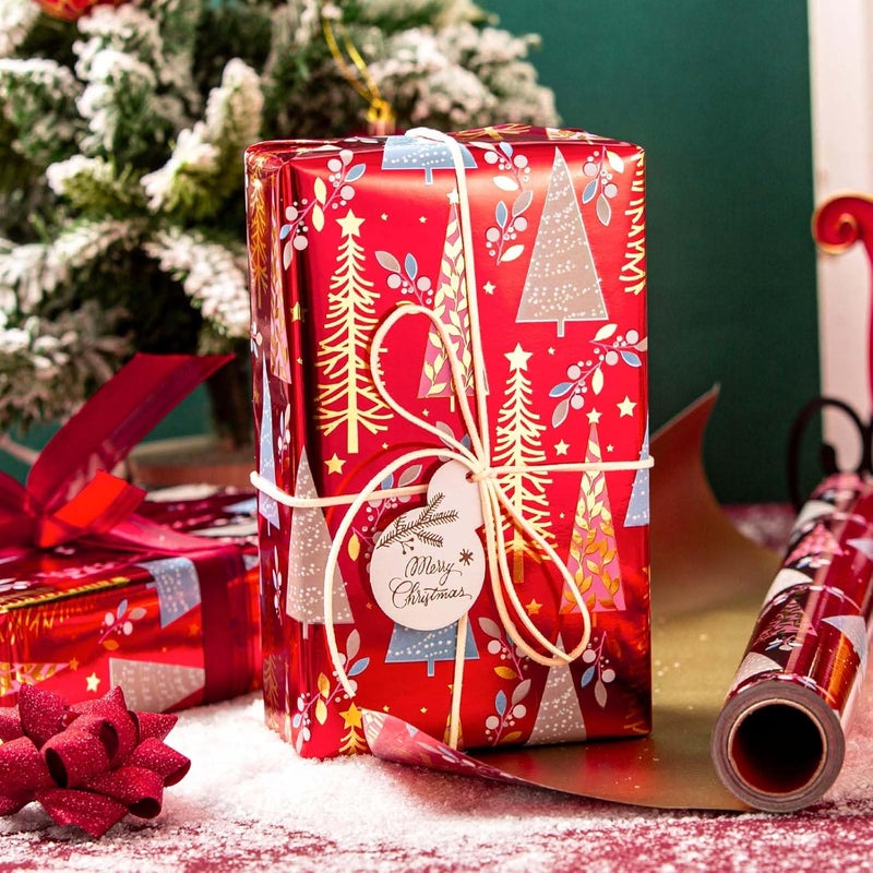 MAYPLUSS Christmas Wrapping Paper Roll - 17IN X 33FT - Christmas Gift Wrapping Paper Featuring Triangle Tree Against Red Reversible Gold for Kids, Holiday, New Year - Image 5