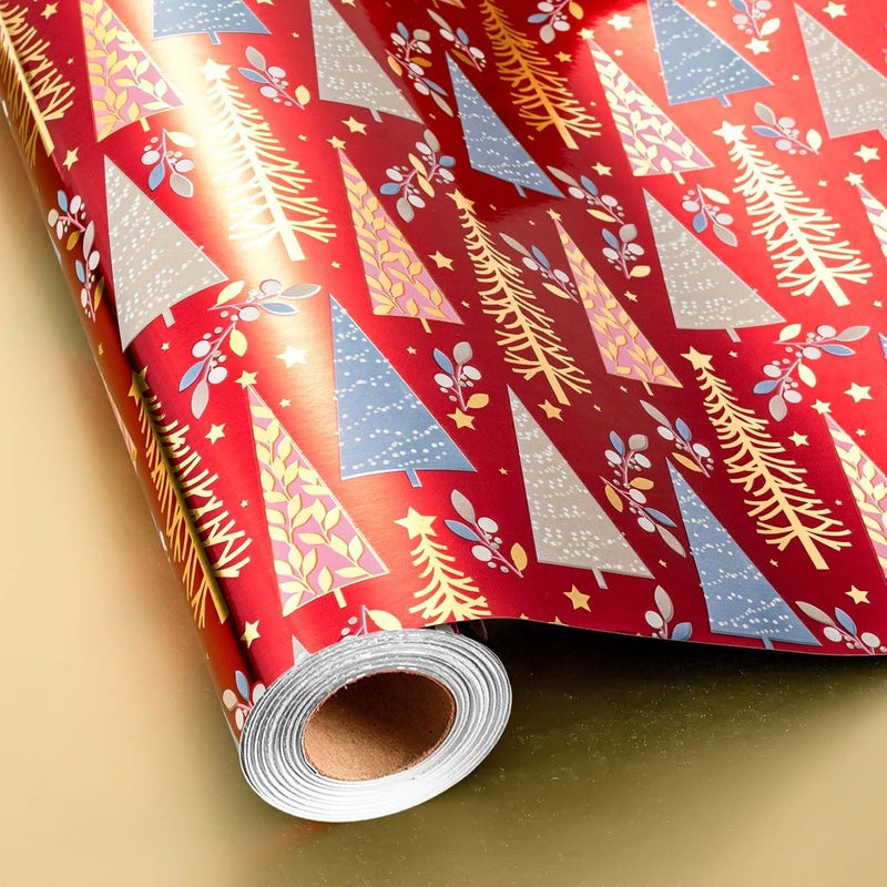 MAYPLUSS Christmas Wrapping Paper Roll - 17IN X 33FT - Christmas Gift Wrapping Paper Featuring Triangle Tree Against Red Reversible Gold for Kids, Holiday, New Year - Image 1