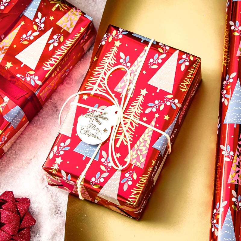 MAYPLUSS Christmas Wrapping Paper Roll - 17IN X 33FT - Christmas Gift Wrapping Paper Featuring Triangle Tree Against Red Reversible Gold for Kids, Holiday, New Year - Image 2
