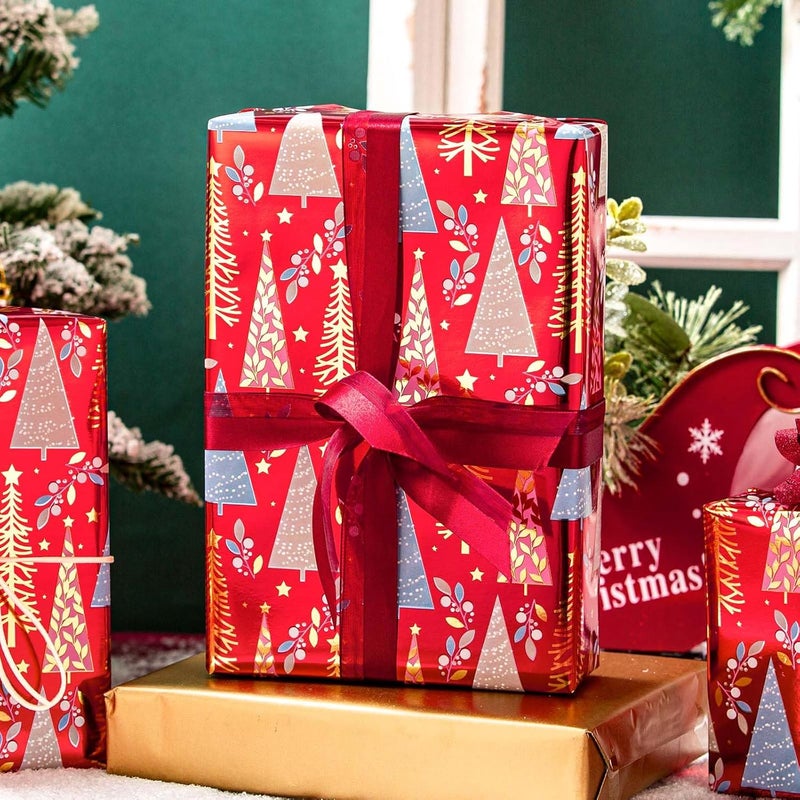 MAYPLUSS Christmas Wrapping Paper Roll - 17IN X 33FT - Christmas Gift Wrapping Paper Featuring Triangle Tree Against Red Reversible Gold for Kids, Holiday, New Year - Image 3