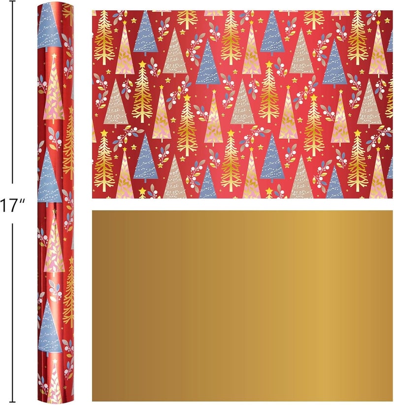 MAYPLUSS Christmas Wrapping Paper Roll - 17IN X 33FT - Christmas Gift Wrapping Paper Featuring Triangle Tree Against Red Reversible Gold for Kids, Holiday, New Year - Image 4