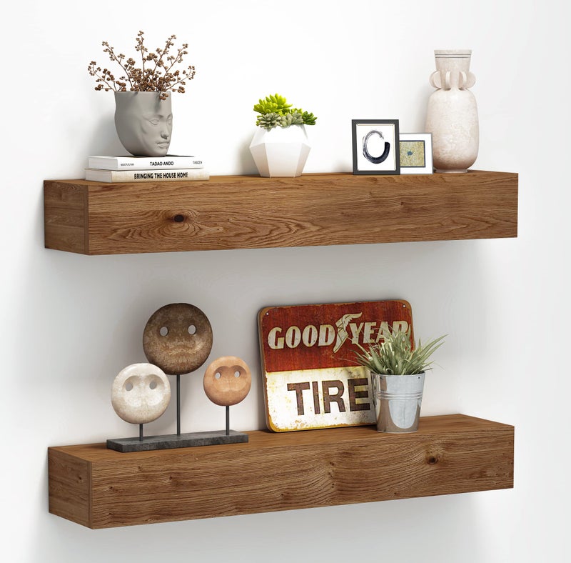 ROOREVO Wall Floating Shelves Rustic Wood Wall Shelf Handmade Light Walnut 24 Inch  2 Pack