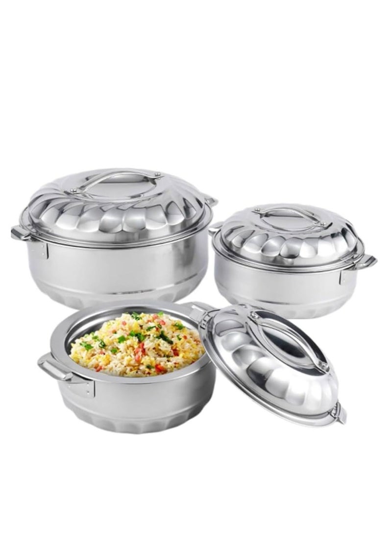 طقم حافظات طعام ستانلس ستيل عازل للحرارة صناعة هندية، مكون من 3 قطع بأحجام 2500 و3500 و5000 مل – يحافظ على سخونة وبرودة الطعام لفترات طويلة - Image 1