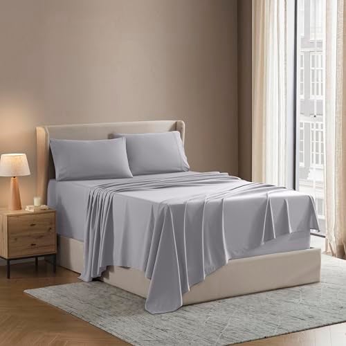Nestl Nestl Short Queen Sheet Set  1800 UltraSoft Microfiber  Double Brushed  Deep Pockets  Easy Fit  4 Piece Set  Bed Sheets Short Queen Grey Lavender 