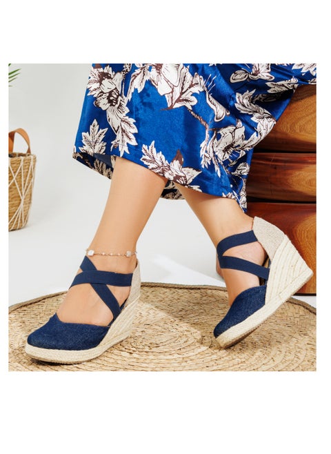 Sandal Wedge Suede With Elastic W-9 - Dark Blue
