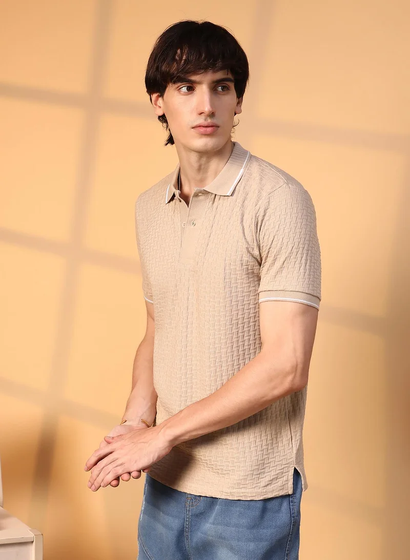 Campus Sutra Men's Saltbox Beige Interweave-Textured Polo T-Shirt