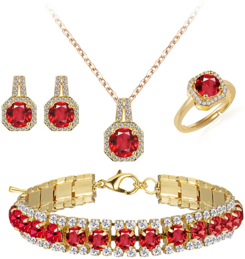 Paxuan Crystal Rhinestone Wedding Jewelry Sets Bridal Pendant Necklace Stud Earrings Link Bracelets Rings Set for Women (Gold Plated Red Cubic Zirconia) - Image 1