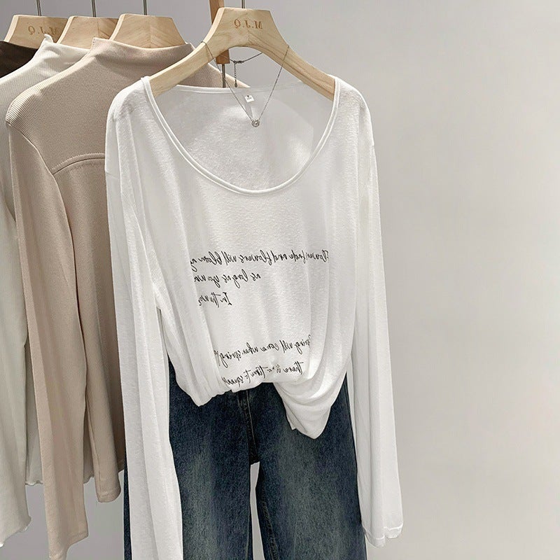 Real S Korean Style T-Shirt For Women 2024 Early Lazy Chic Thin Printed Sun Protection Blouse Loose Casual Long Sleeve - Image 5