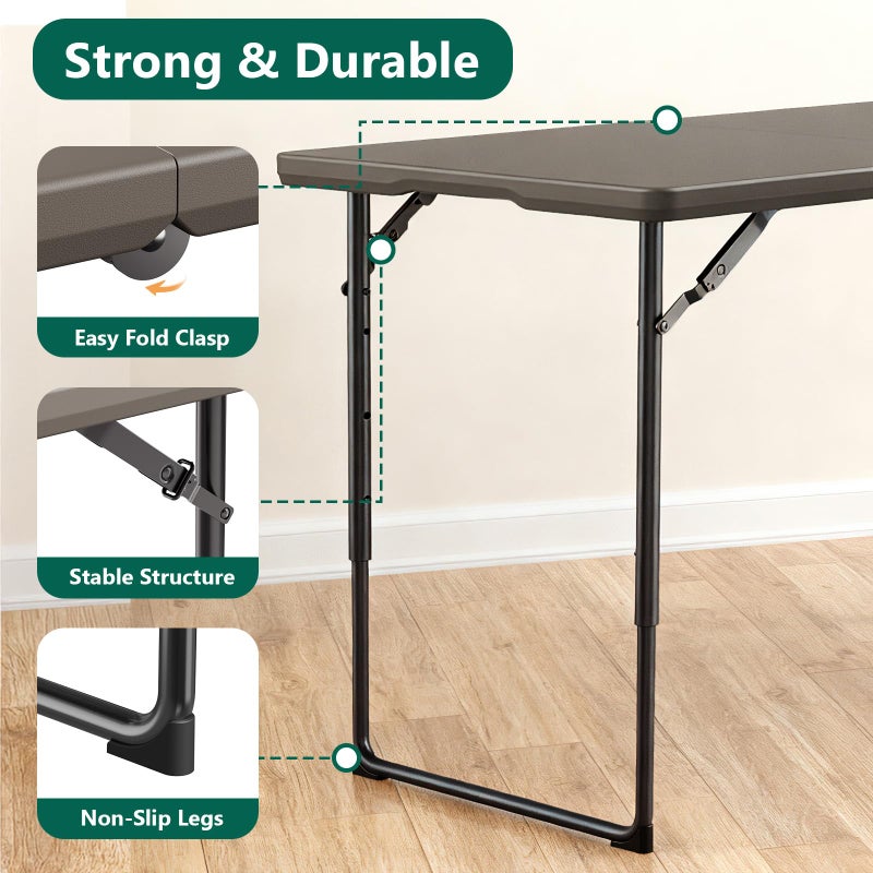 MAKE CHANGES Folding Table 4ft - Heavy Duty Fold-in-Half Plastic Table with Adjustable Height, Portable Utility Tables with Steel Legs for Indoor, Outdoor, Picnic, Camping, Dining, Party (Khaki) - Image 5