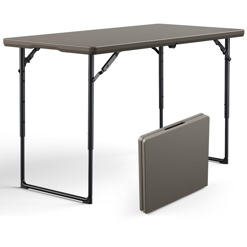 MAKE CHANGES Folding Table 4ft - Heavy Duty Fold-in-Half Plastic Table with Adjustable Height, Portable Utility Tables with Steel Legs for Indoor, Outdoor, Picnic, Camping, Dining, Party (Khaki) - Image 1