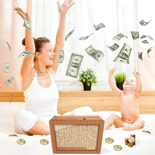 CYANLUX Piggy Bank for Adults Kids, Wooden Mony Bank Cash Vault Money Saving Box with Counter $10000 Savings Challenge Money Bank with Money Target and Numbers (Brown $10000) - Image 2