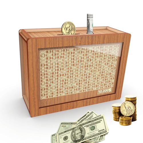 CYANLUX Piggy Bank for Adults Kids, Wooden Mony Bank Cash Vault Money Saving Box with Counter $10000 Savings Challenge Money Bank with Money Target and Numbers (Brown $10000) - Image 1