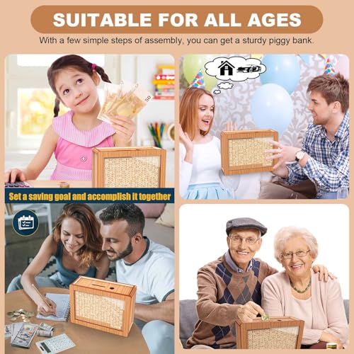 CYANLUX Piggy Bank for Adults Kids, Wooden Mony Bank Cash Vault Money Saving Box with Counter $10000 Savings Challenge Money Bank with Money Target and Numbers (Brown $10000) - Image 5