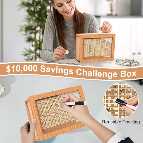 CYANLUX Piggy Bank for Adults Kids, Wooden Mony Bank Cash Vault Money Saving Box with Counter $10000 Savings Challenge Money Bank with Money Target and Numbers (Brown $10000) - Image 3