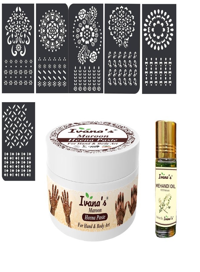 إيفاناز معجون الحناء الفوري من إيفانا باللون العنابي الداكن - معجون حناء جاهز للاستخدام لليدين وتصاميم العرائس | لون حناء فوري طبيعي وسريع الثبات، خالٍ من المواد الكيميائية، مع 5 ملصقات حناء وبكرة زيت الحناء. - Image 1