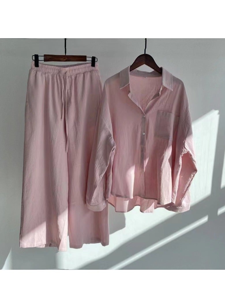 Cotton and linen women's two-piece shirt and pants pink  - Image 2