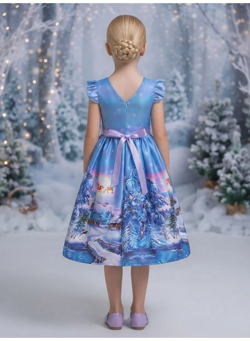 D'daniela Christmas Party Blue Printed Cartoon Dress