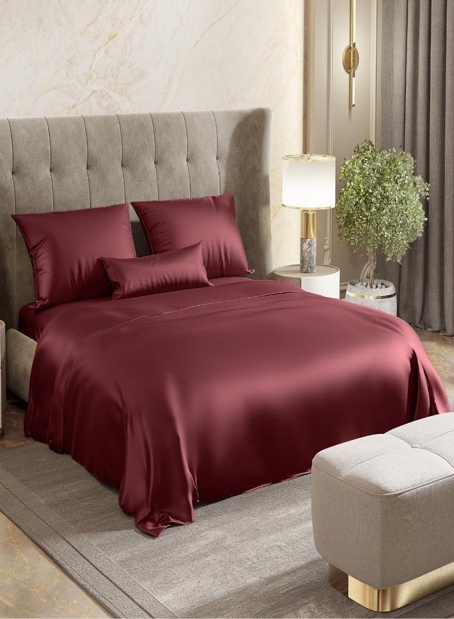 haus & kinder Satin Bedsheets Queen Size Bed, 300 TC Premium Satin Bed Sheet Double Bed, 100 X 90 Inches Queen Size Satin Bedsheet with 2 Pillow Covers -Crimson Velvet - Image 1