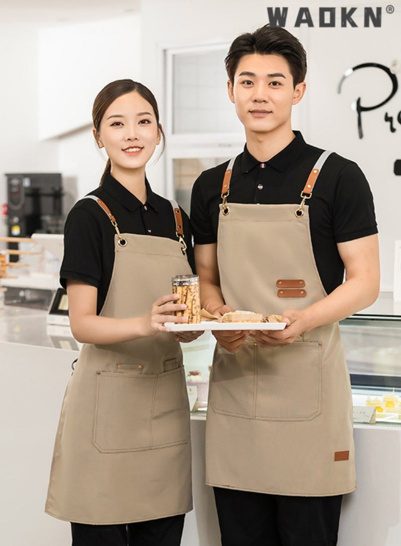 WAOKN Kitchen Chef Cotton Canvas Apron, suitable for Work Clothes in Restaurants, Milk tea Shops, Coffee Shops.Women's and Men's Sloping Back Apron, Waterproof and Oil Resistant with Pockets (Khaki Color)  - Image 1