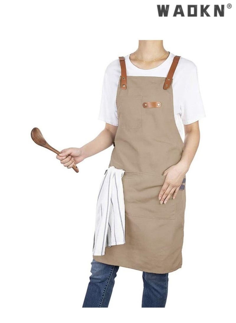 WAOKN Kitchen Chef Cotton Canvas Apron, suitable for Work Clothes in Restaurants, Milk tea Shops, Coffee Shops.Women's and Men's Sloping Back Apron, Waterproof and Oil Resistant with Pockets (Khaki Color)  - Image 2