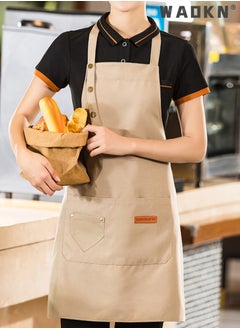 WAOKN Kitchen Chef Cotton Canvas Apron, suitable for Work Clothes in Restaurants, Milk tea Shops, Coffee Shops.Women's and Men's Sloping Back Apron, Waterproof and Oil Resistant with Pockets (Khaki Color)  - Image 4