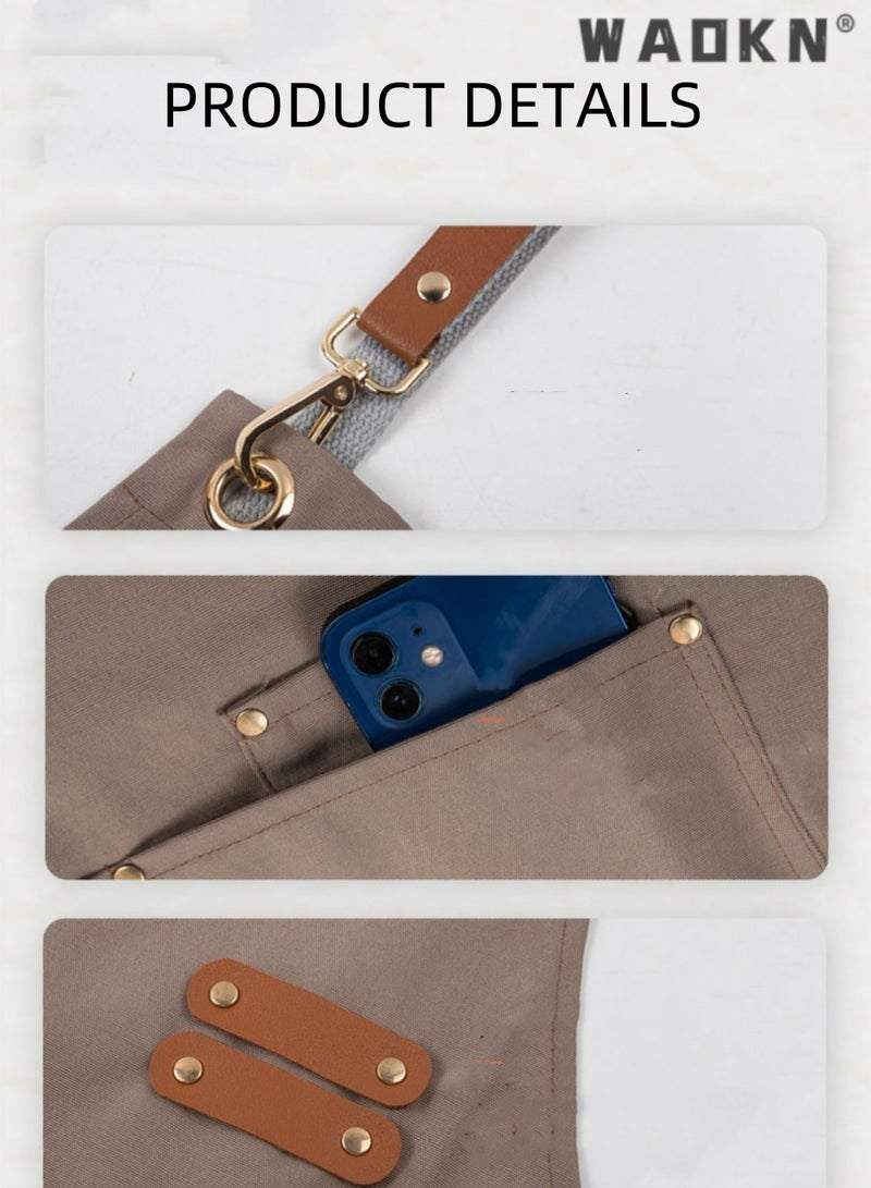WAOKN Kitchen Chef Cotton Canvas Apron, suitable for Work Clothes in Restaurants, Milk tea Shops, Coffee Shops.Women's and Men's Sloping Back Apron, Waterproof and Oil Resistant with Pockets (Khaki Color)  - Image 5