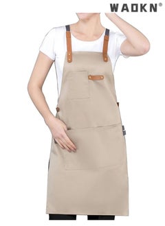 WAOKN Kitchen Chef Cotton Canvas Apron, suitable for Work Clothes in Restaurants, Milk tea Shops, Coffee Shops.Women's and Men's Sloping Back Apron, Waterproof and Oil Resistant with Pockets (Khaki Color)  - Image 3