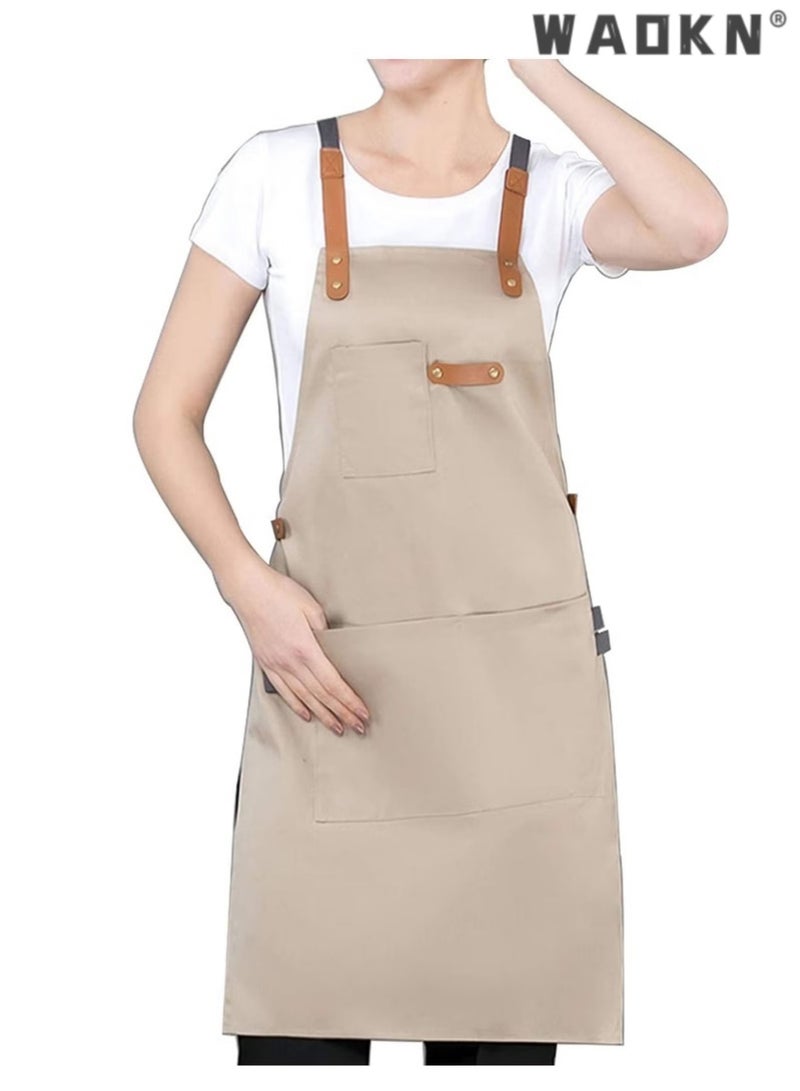 WAOKN Kitchen Chef Cotton Canvas Apron, suitable for Work Clothes in Restaurants, Milk tea Shops, Coffee Shops.Women's and Men's Sloping Back Apron, Waterproof and Oil Resistant with Pockets (Khaki Color)  - Image 3