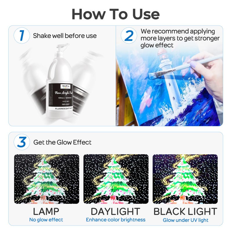 Nicpro Fluorescent White Large Acrylic Paint Set (69 oz, 2040 ml), Glow in the Black Light, Non-Toxic Neon Paint for Neon Party Decoration, DIY Project on Multi-Surface, Canvas, Rock, Wood, Craft - Image 4