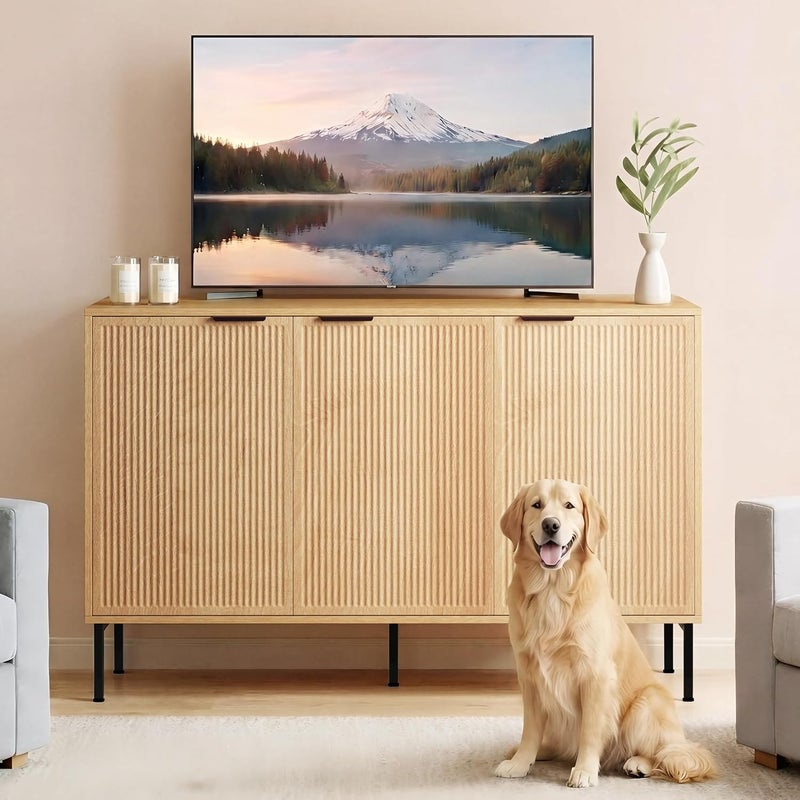 Farmhouse Sideboard Cabinet with 3 Doors, 45.98" Extra Wide Storage Console for Dining Room, Living Room & Hallway, Fluted Design Buffet & TV Stand (Natural Oak) - Image 3