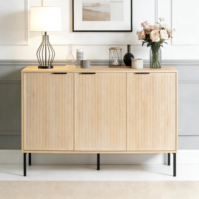 Farmhouse Sideboard Cabinet with 3 Doors, 45.98" Extra Wide Storage Console for Dining Room, Living Room & Hallway, Fluted Design Buffet & TV Stand (Natural Oak) - Image 1