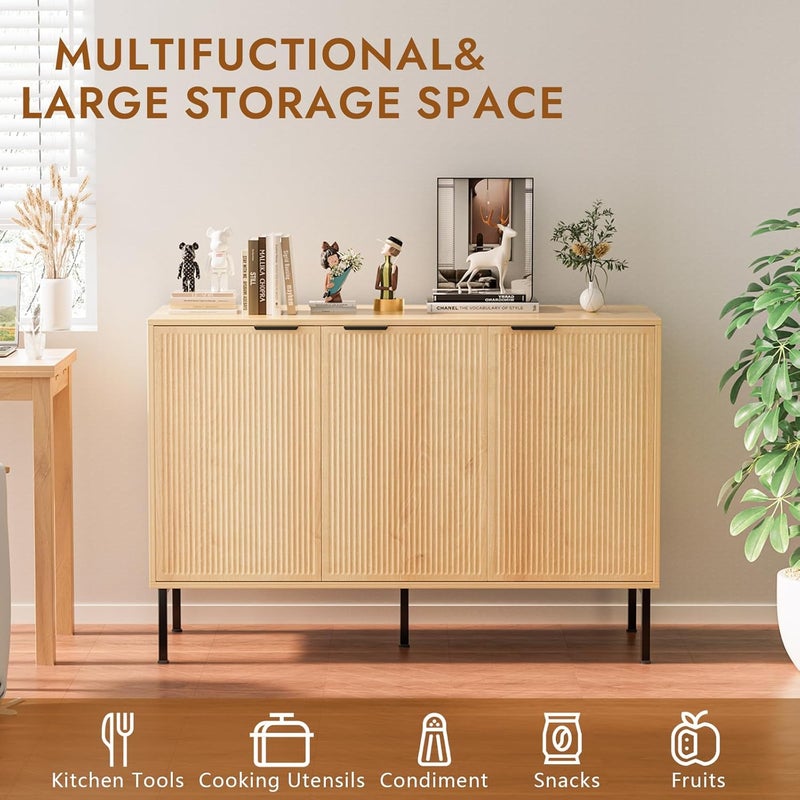 Farmhouse Sideboard Cabinet with 3 Doors, 45.98" Extra Wide Storage Console for Dining Room, Living Room & Hallway, Fluted Design Buffet & TV Stand (Natural Oak) - Image 5