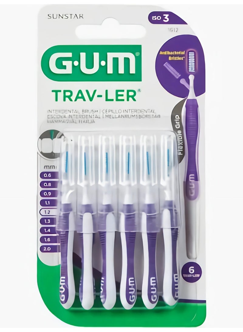 GUM Trav Ler Interdental Brush 1.2 mm Size 1512G Soft Triangular Bristles Coated Wire Ergonomic Handle 6 Pack - Image 1