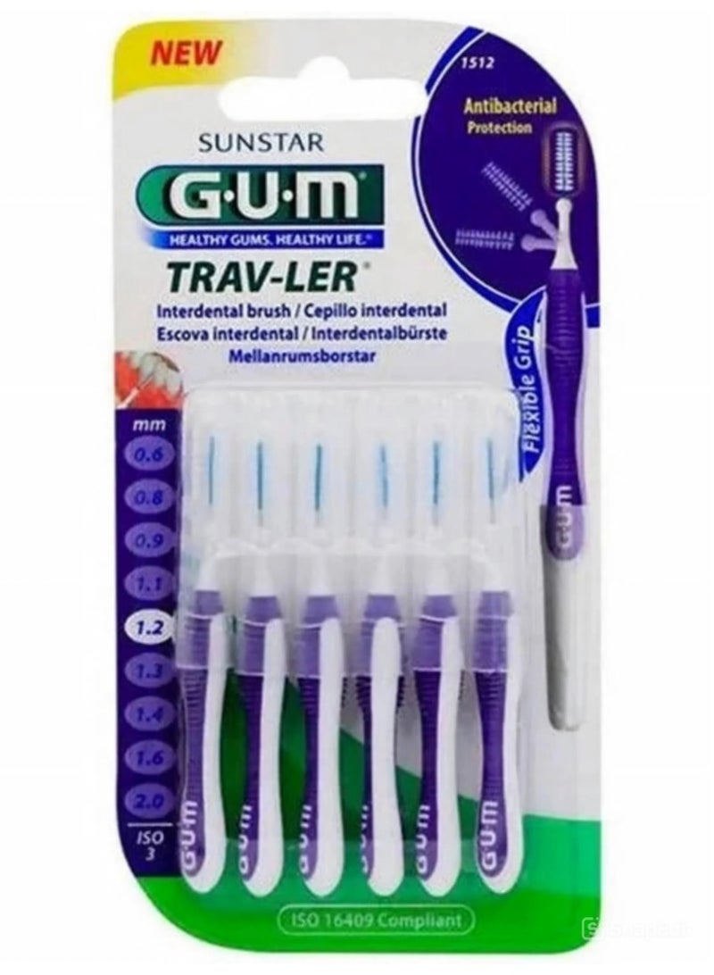 GUM Trav Ler Interdental Brush 1.2 mm Size 1512G Soft Triangular Bristles Coated Wire Ergonomic Handle 6 Pack - Image 3